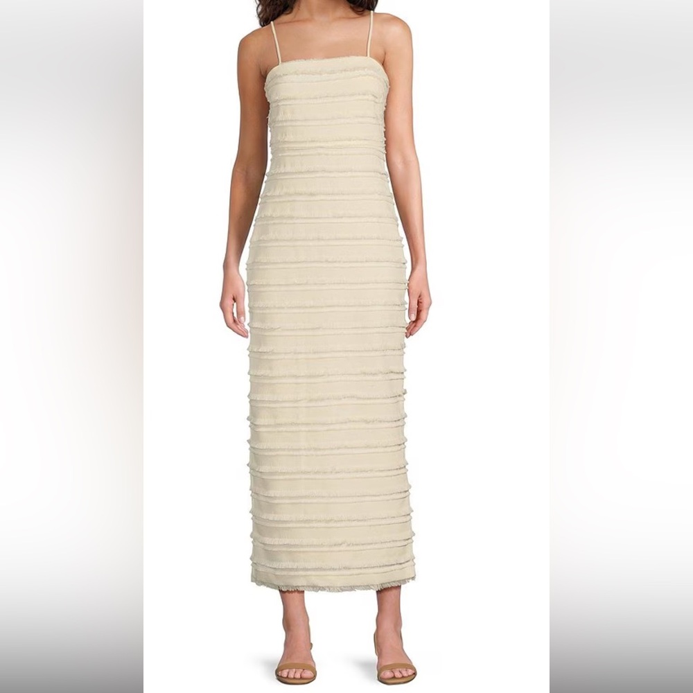 Belle by Badgley Mischka Adya Fringed Linen Square Neck Midi Dress